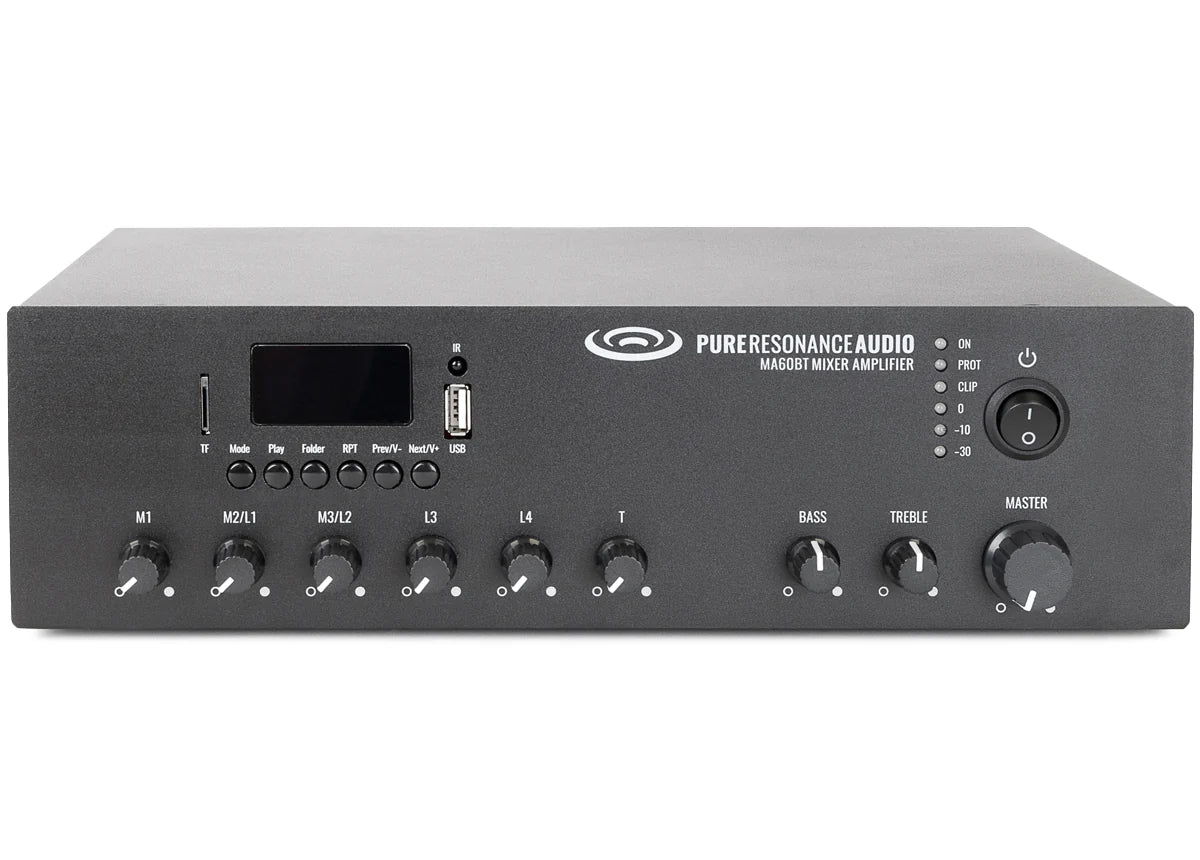 Pure Resonance Audio MA60BT 60W Bluetooth 70V Mixer Amplifier
Audio amplifier with control knobs and display on a white background