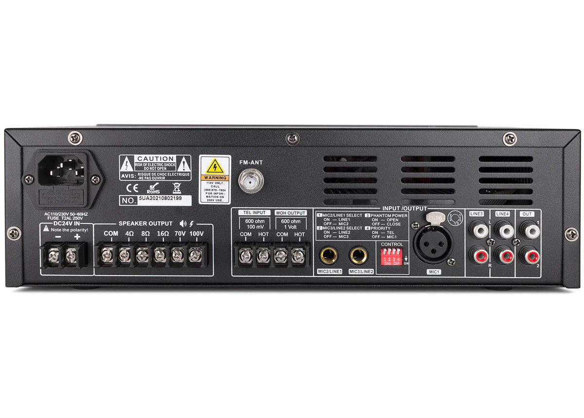 Pure Resonance Audio MA60BT 60W Bluetooth 70V Mixer Amplifier
Back view of an audio amplifier with various connectors on a white background