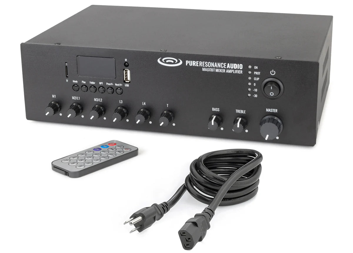 Pure Resonance Audio MA60BT 60W Bluetooth 70V Mixer Amplifier
Black audio amplifier with remote control and power cord on a white background