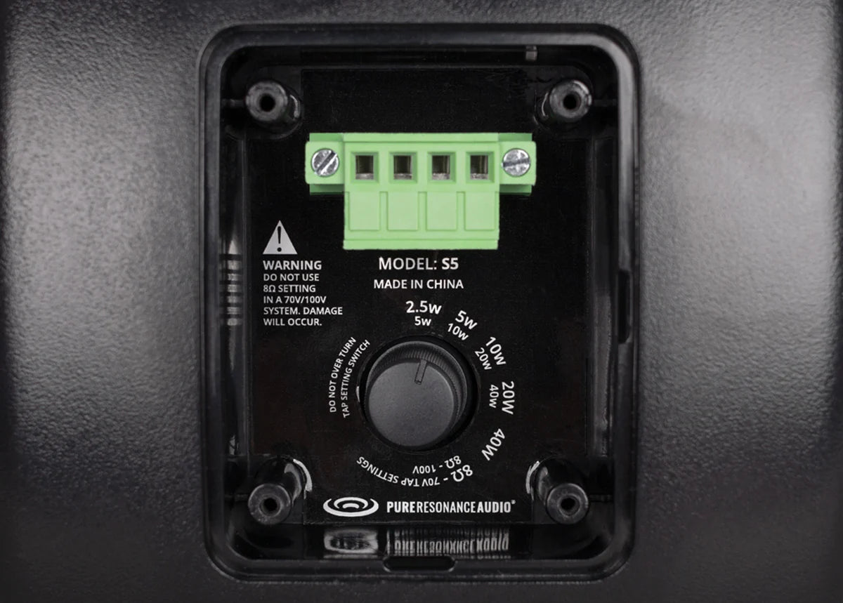 Pure Resonance Audio S5 4.5 Inch Outdoor Surface Mount Speaker
Electronic speaker back with control panel and branding on a dark background