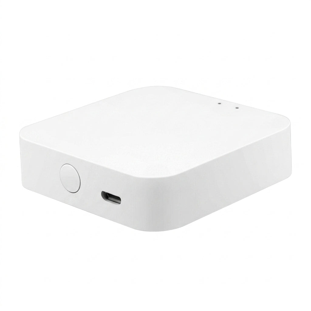 Hugolog Bluetooth Deadbolt Access Point
A small white rectangular electronic device with rounded corners, featuring a circular button and a USB-C port on the side, shown against a plain white background.