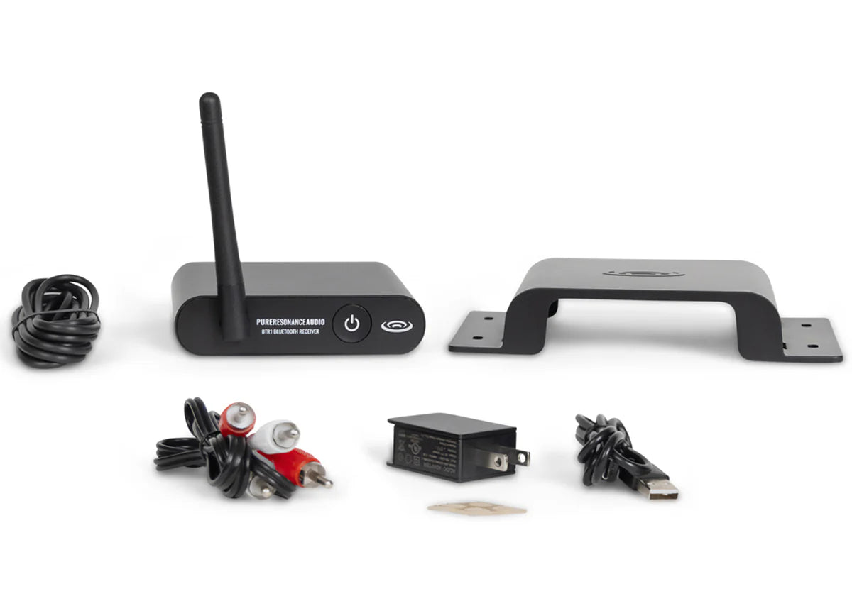 Pure Resonance Audio BTR1 Bluetooth Wireless Audio Receiver 100ft
Collection of electronic components on a white background