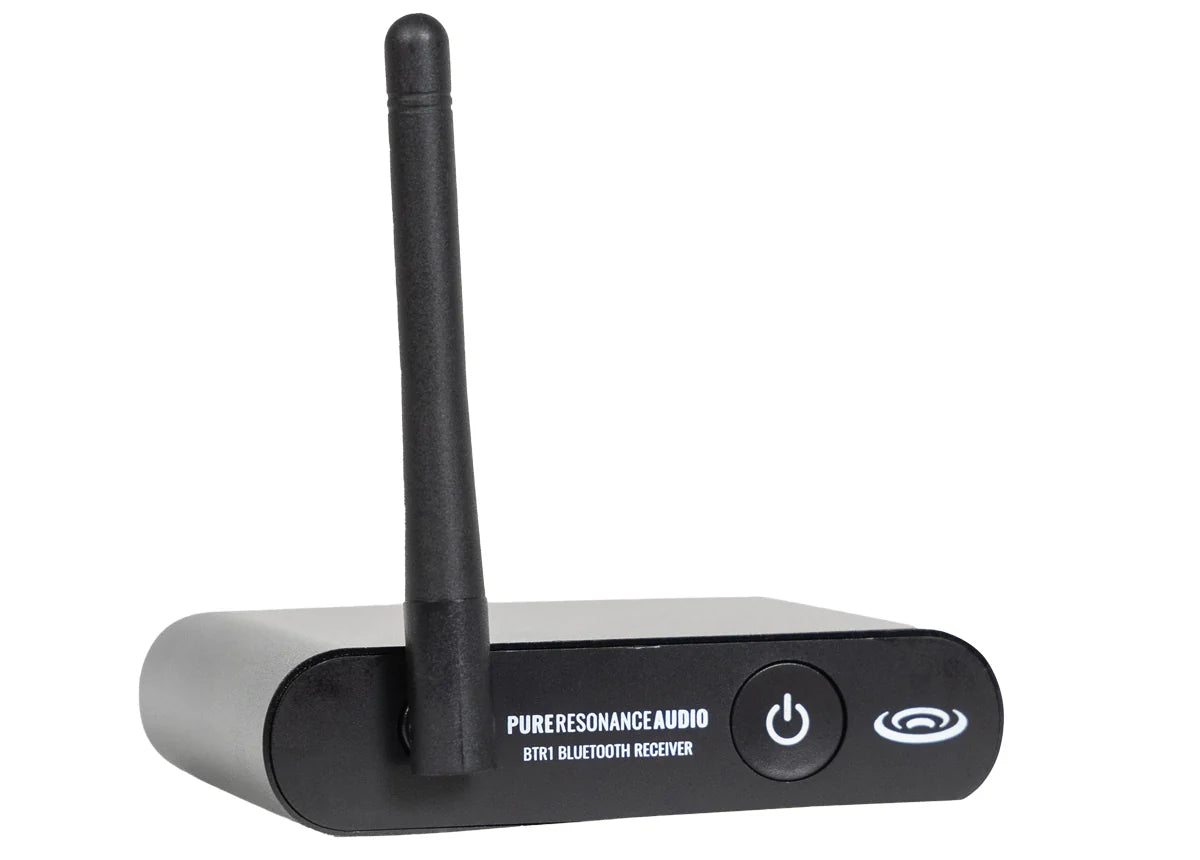 Pure Resonance Audio BTR1 Bluetooth Wireless Audio Receiver 100ft
Black Bluetooth receiver with antenna on a white background