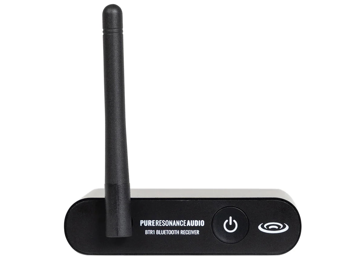 Pure Resonance Audio BTR1 Bluetooth Wireless Audio Receiver 100ft
Black Bluetooth receiver with antenna on a white background