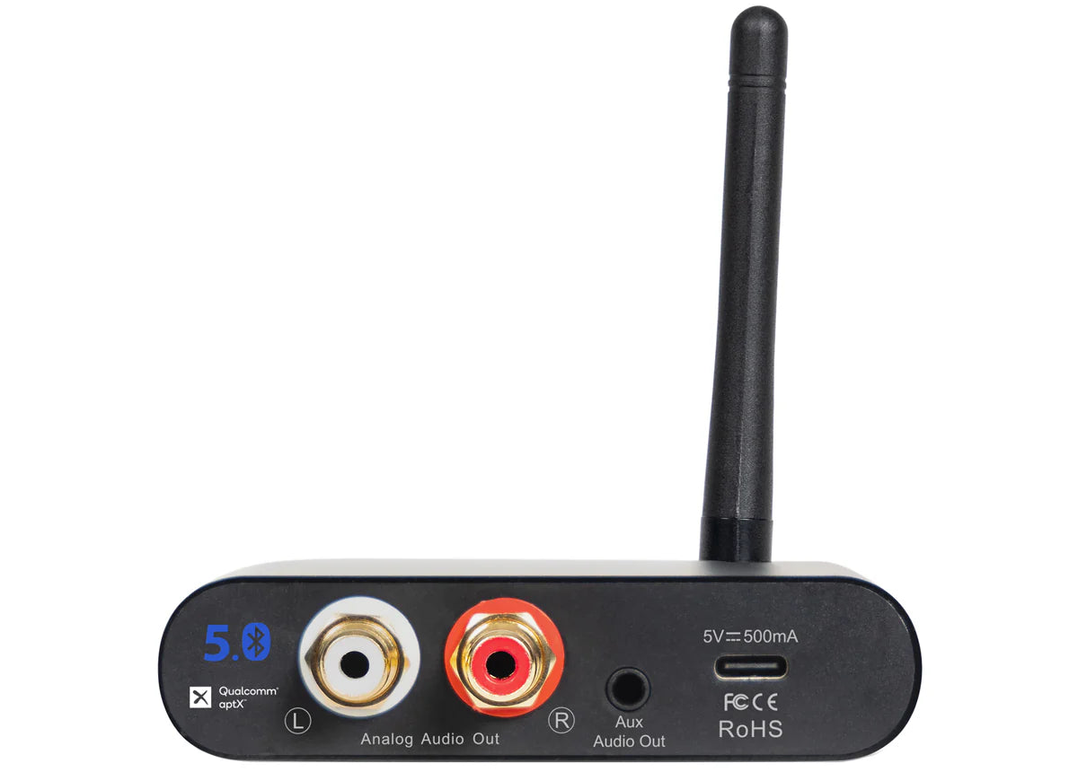 Pure Resonance Audio BTR1 Bluetooth Wireless Audio Receiver 100ft
Black audio device with antenna and connectivity ports on a white background