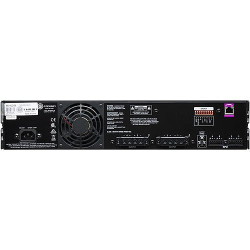 Crown CDi 4 300 DriveCore 4 Channel 300W Amplifier 70V 100V
Back view of a black audio amplifier with various controls and labels on a white background