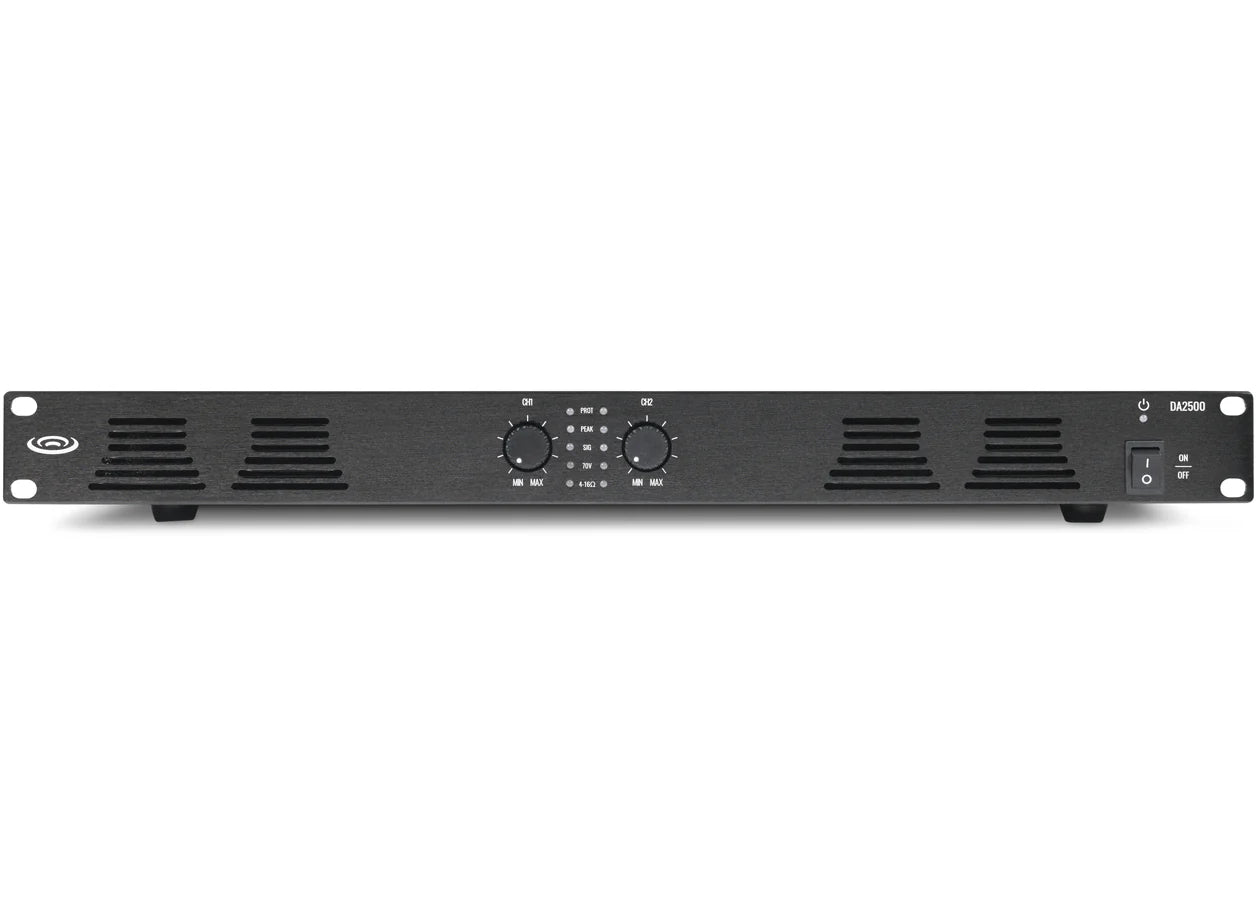Pure Resonance Audio DA2500 2-Channel 500W 70V Power Amplifier
Black electronic amp with control knobs on a white background