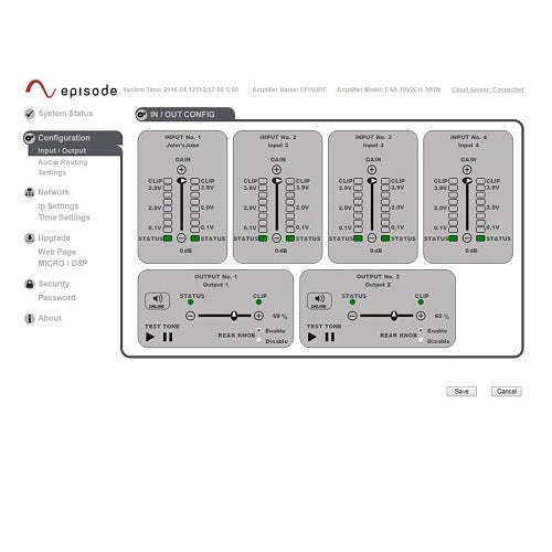 Episode ESA-70V2CH-300W 70V IP Amplifier 300W 2-Channel
Configuration interface for an audio device with various controls and status indicators.