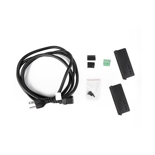 Episode ESA-70V2CH-500W Amplifier 2-Ch 500W Outdoor Pro Audio
Set of electronic components including a black cable, connectors, and a small green component on a white background.