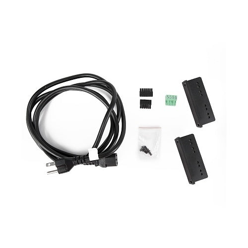 Episode ESA-70V2CH-150W 70V IP Amplifier 150W 2-Channel
Electrical components including a black cable, connectors, and a green label on a white background