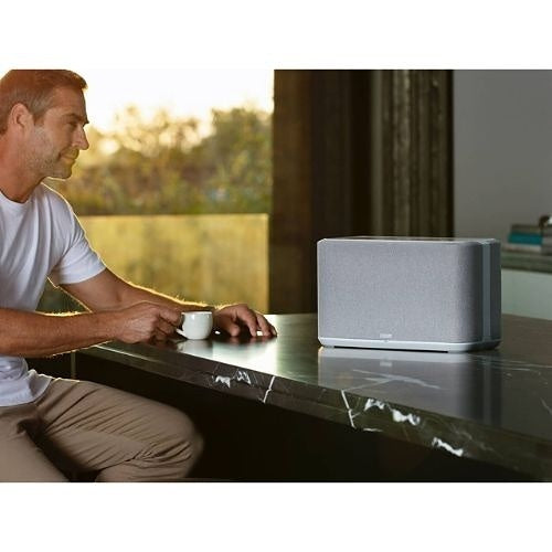 Denon HEOS Home 350 Smart Hi-Res Audio Speaker Wireless Bluetooth White Living Room Men with Coffee