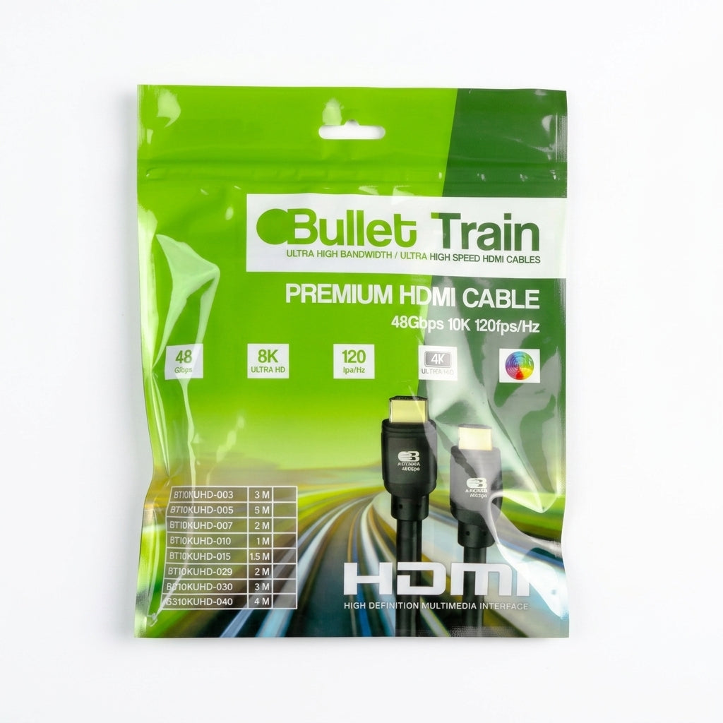 Bullet Train Premium HDMI Cable in its original green retail packaging, featuring specifications and connector graphics on a white background.
