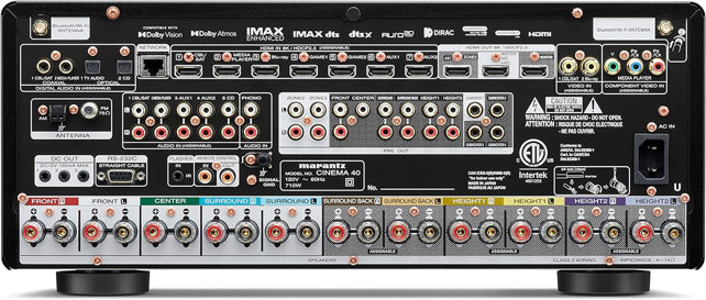 Marantz CINEMA 40 9.4 Channel 125W 8K UHD AV Dolby Atmos Receiver
Back panel of a home theater receiver with various audio/video inputs and outputs.