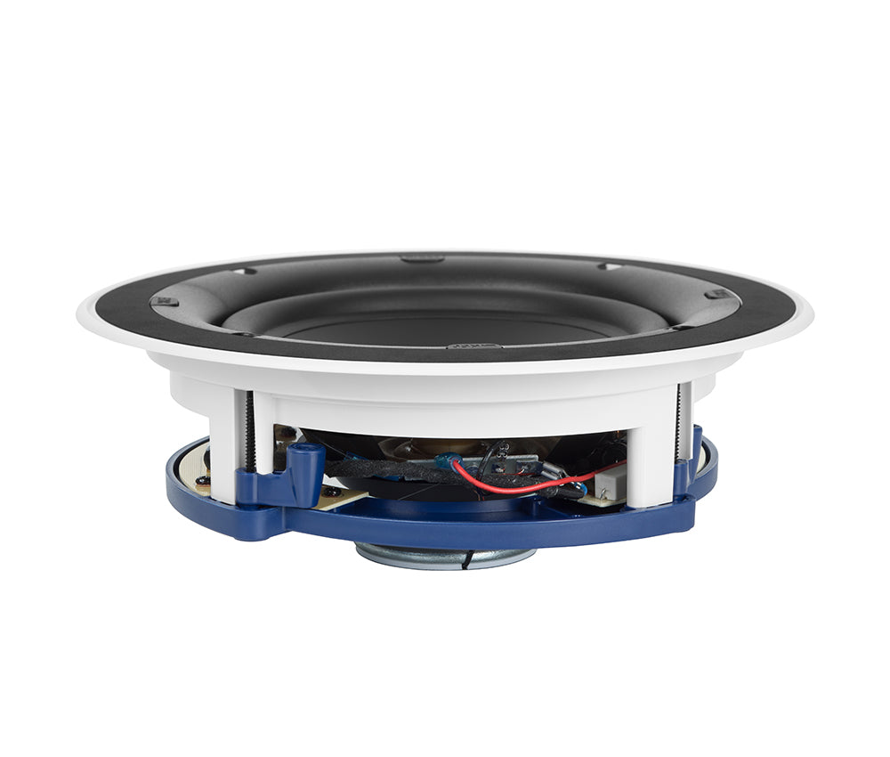 KEF CI130.2CR 5.25 Inch Shallow Round In-Ceiling Single Speaker
Speaker driver unit with black and blue components on a white background