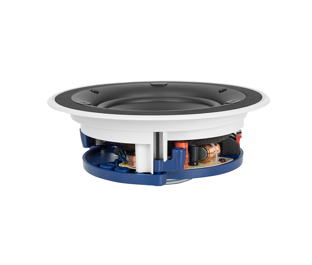 KEF CI160CRds Stereo 6.5 Inch Round In-Ceiling Single Speaker
Speaker driver with white frame and black and blue components on a white background
