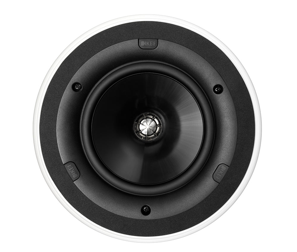KEF CI160QR 6.5 Inch Slim Bezel Round In-Ceiling Single Speaker
Ceiling speaker with black driver and white frame on a white background
