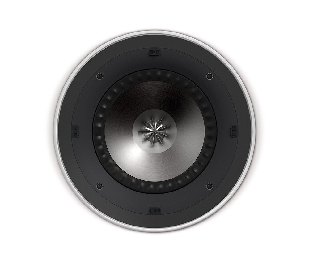 KEF CI200RR-THX Ultra2 8 Inch Round In-Ceiling Single Speaker
Round speaker with metallic finish on a white background