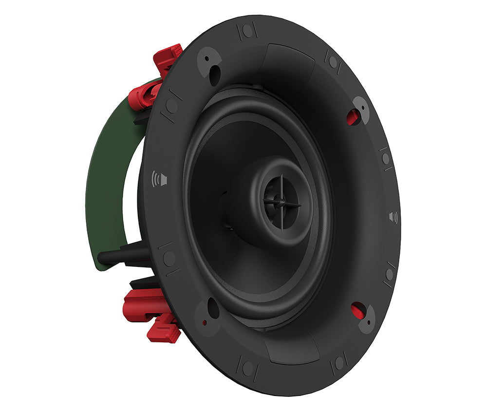 Klipsch DS-160CDT 6.5 Inch In-Ceiling Speaker Pivoting Tweeter
Black speaker with red and green accents on a white background