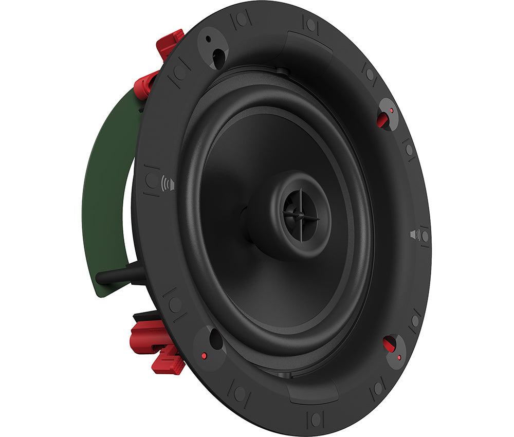 Klipsch DS-180CDT 8 Inch In-Ceiling Audio Speaker Acoustic Design
Black speaker with red and green accents on a white background