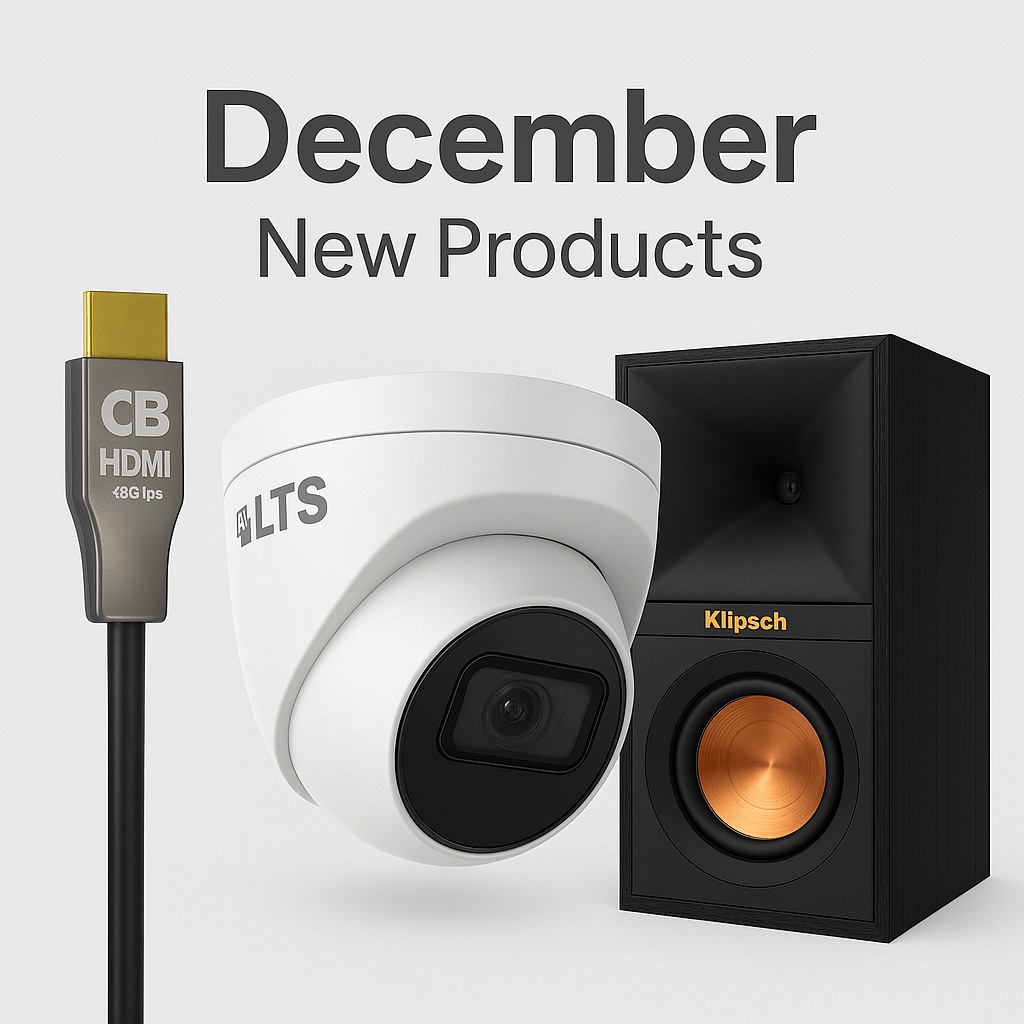 LTS security camera, HDMI cable, and Klipsch speaker with 'December New Products' text on a light gray background.