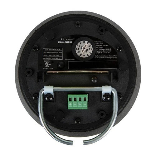 Episode ECS-800-PND4 4 Inch 70V Ceiling Pendant Speaker
Back view of a round electronic device with wiring and connectors on a white background