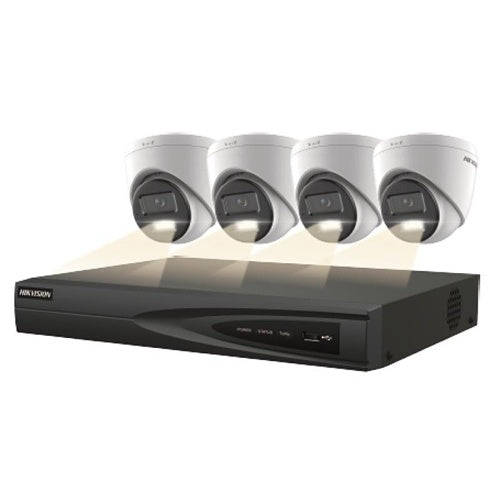 Hikvision security camera system with four dome cameras and a NVR on a white background