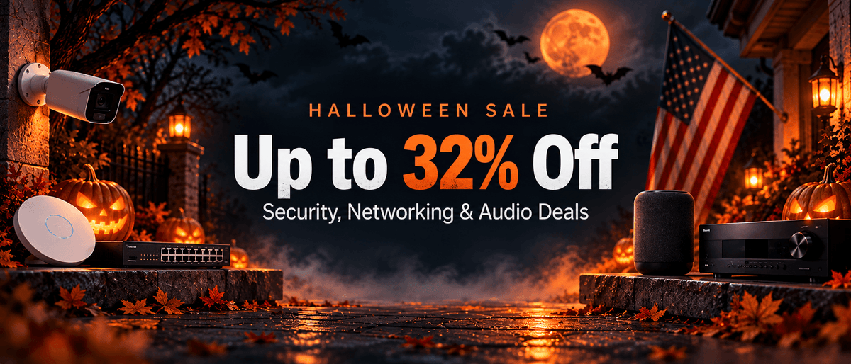 Halloween Sale at Bear Security Shop featuring up to 32% off security cameras, networking equipment and audio products, with a USA flag backdrop. 