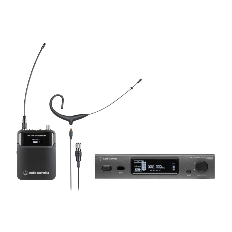 Audio-technica wireless microphone system with receiver and transmitter on a white background