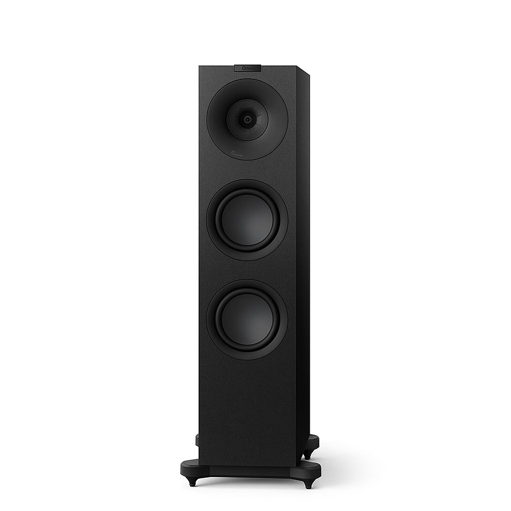 KEF Q7MBK Q7 Meta 3-way single tower floorstanding HiFi speaker in black finish, featuring dual bass drivers and a Uni-Q tweeter on a solid base.