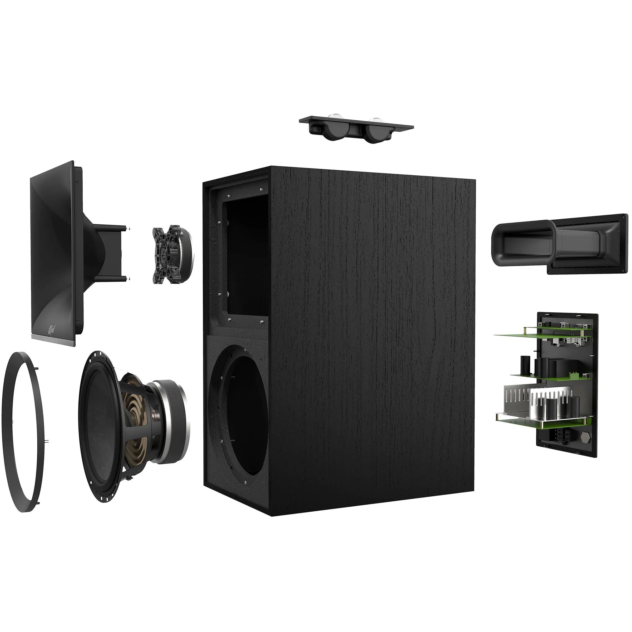 Klipsch The Nines Wireless Powered Speakers 480W Bluetooth Pair
Black speaker system components on a white background