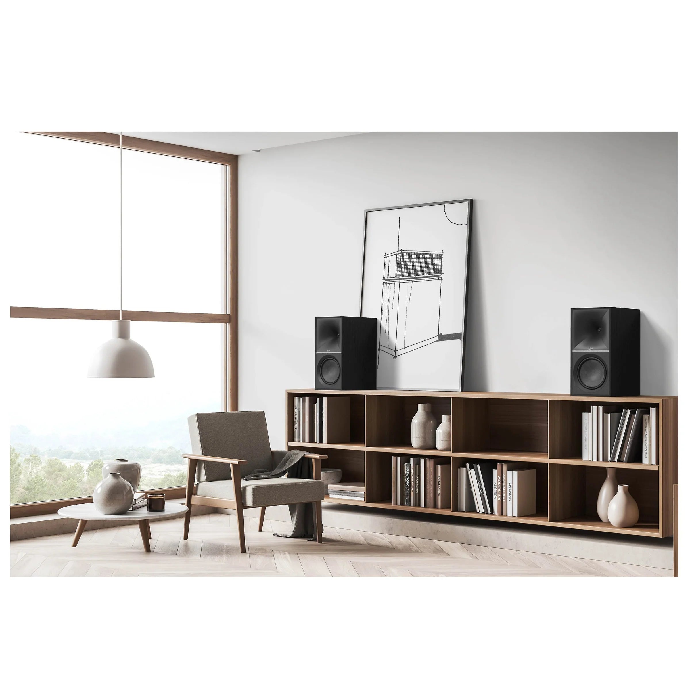 Klipsch The Nines Wireless Powered Speakers 480W Bluetooth Pair
Modern living room with a bookshelf, chairs, and decor items.