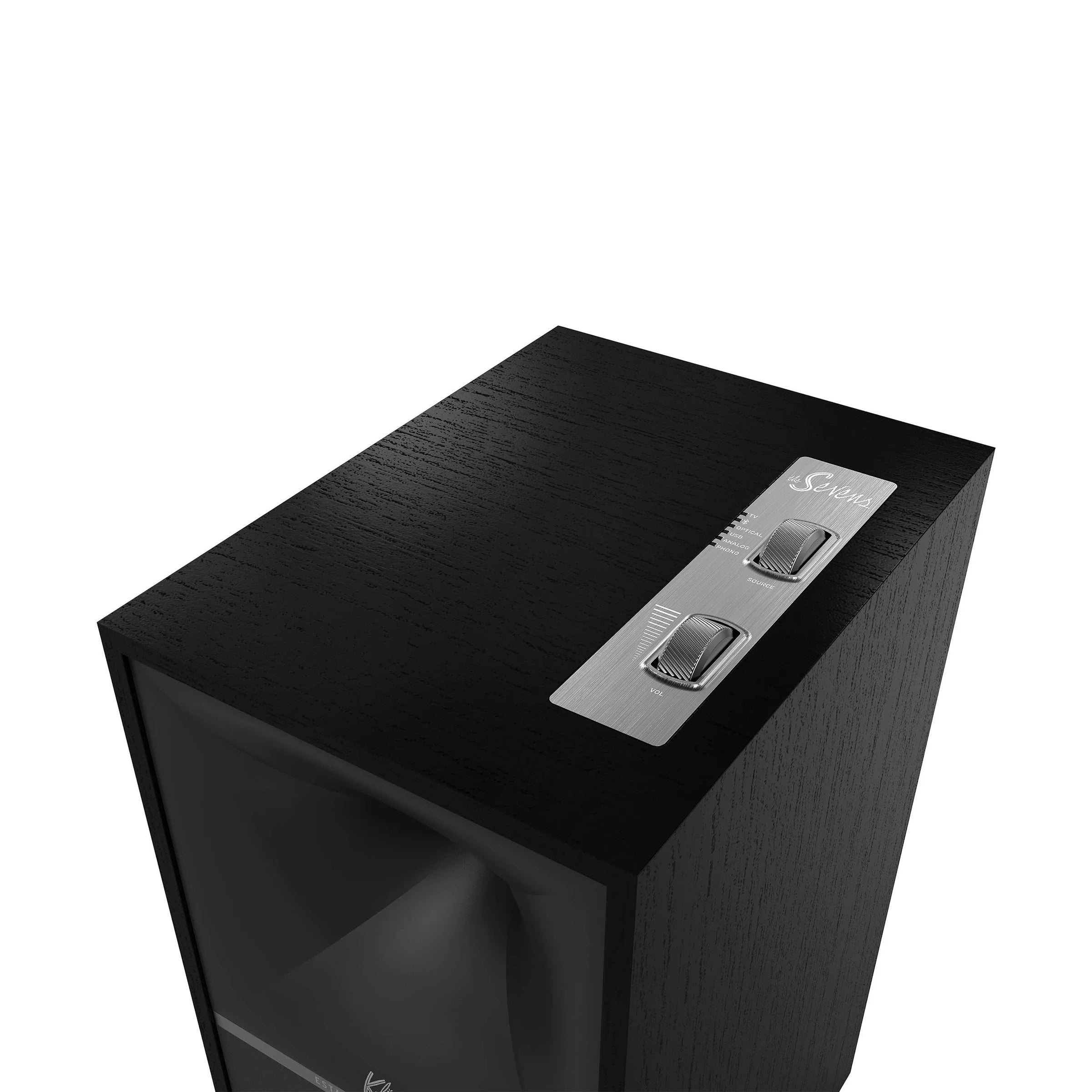 Klipsch The Sevens Wireless Powered Speakers 400W Bluetooth Pair
Black speaker with silver control panel on a white background