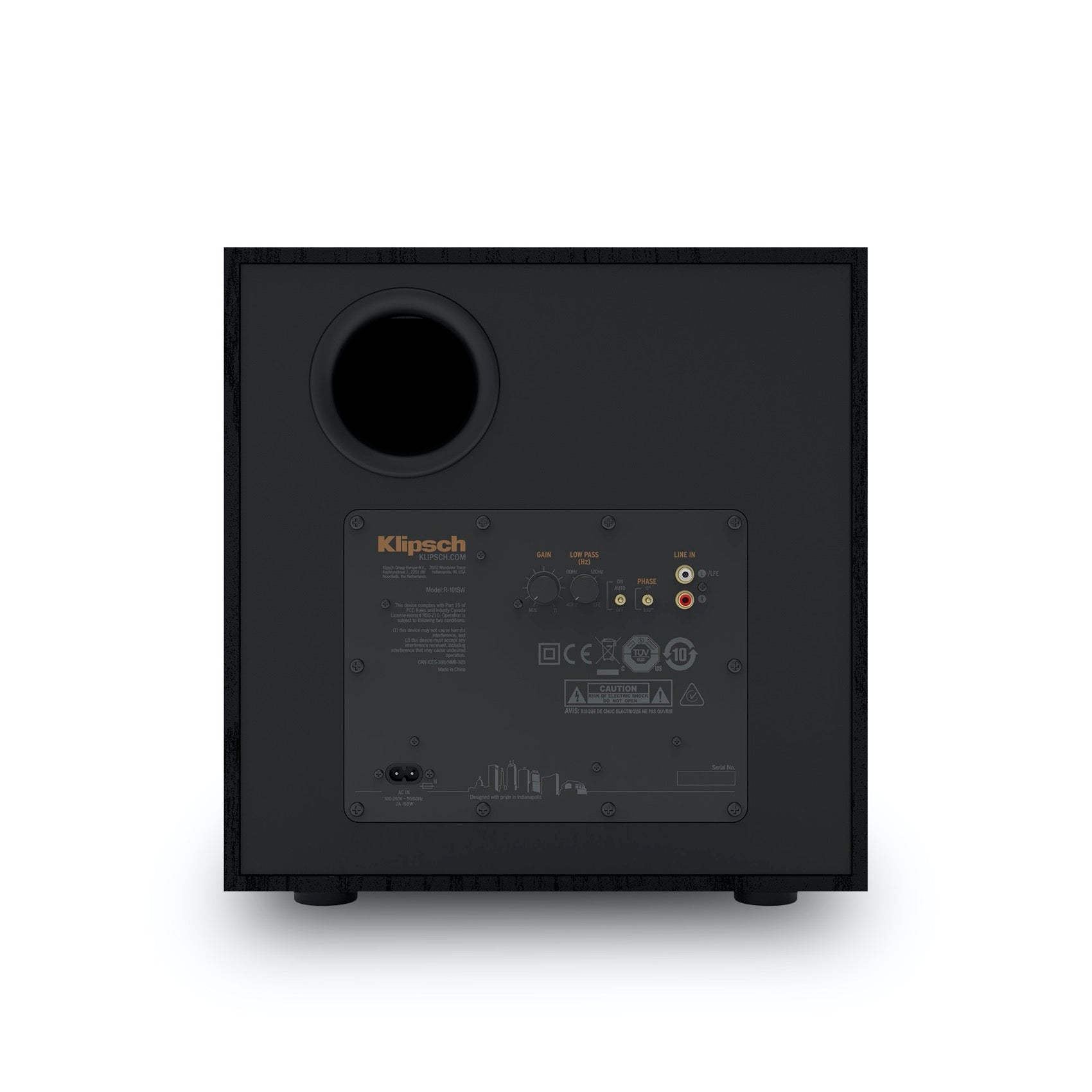 Klipsch R-101SW 10 Inch Front-Firing Powered 150W TCP Subwoofer
Black subwoofer with Klipsch branding on a white background