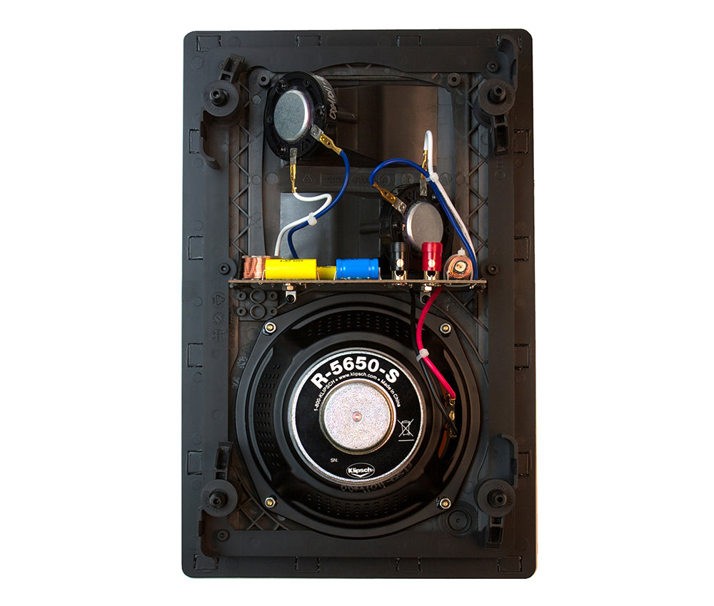 Klipsch R-5650-S II 6.5 Inch In-Wall Surround Slim Speaker
Speaker with visible wiring and brand logo on a white background