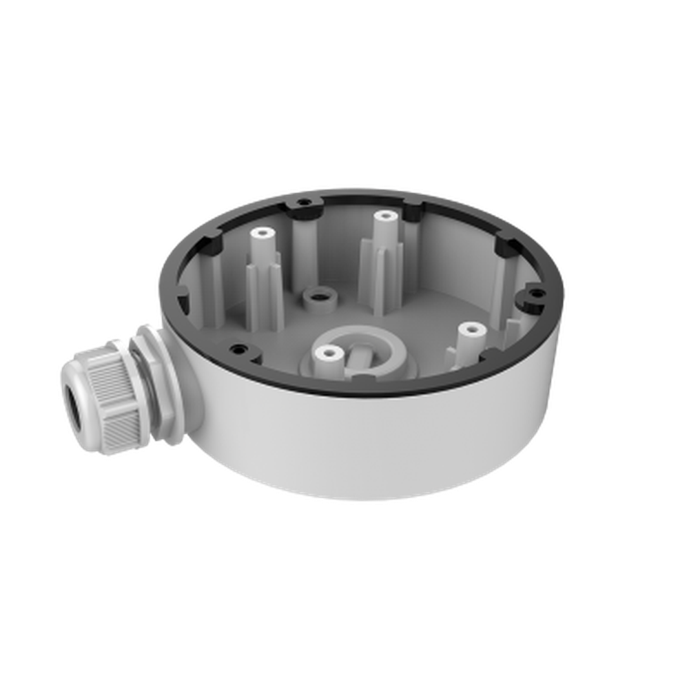 A gray plastic electrical junction box with a threaded cable entry on the side, shown on a plain white background.