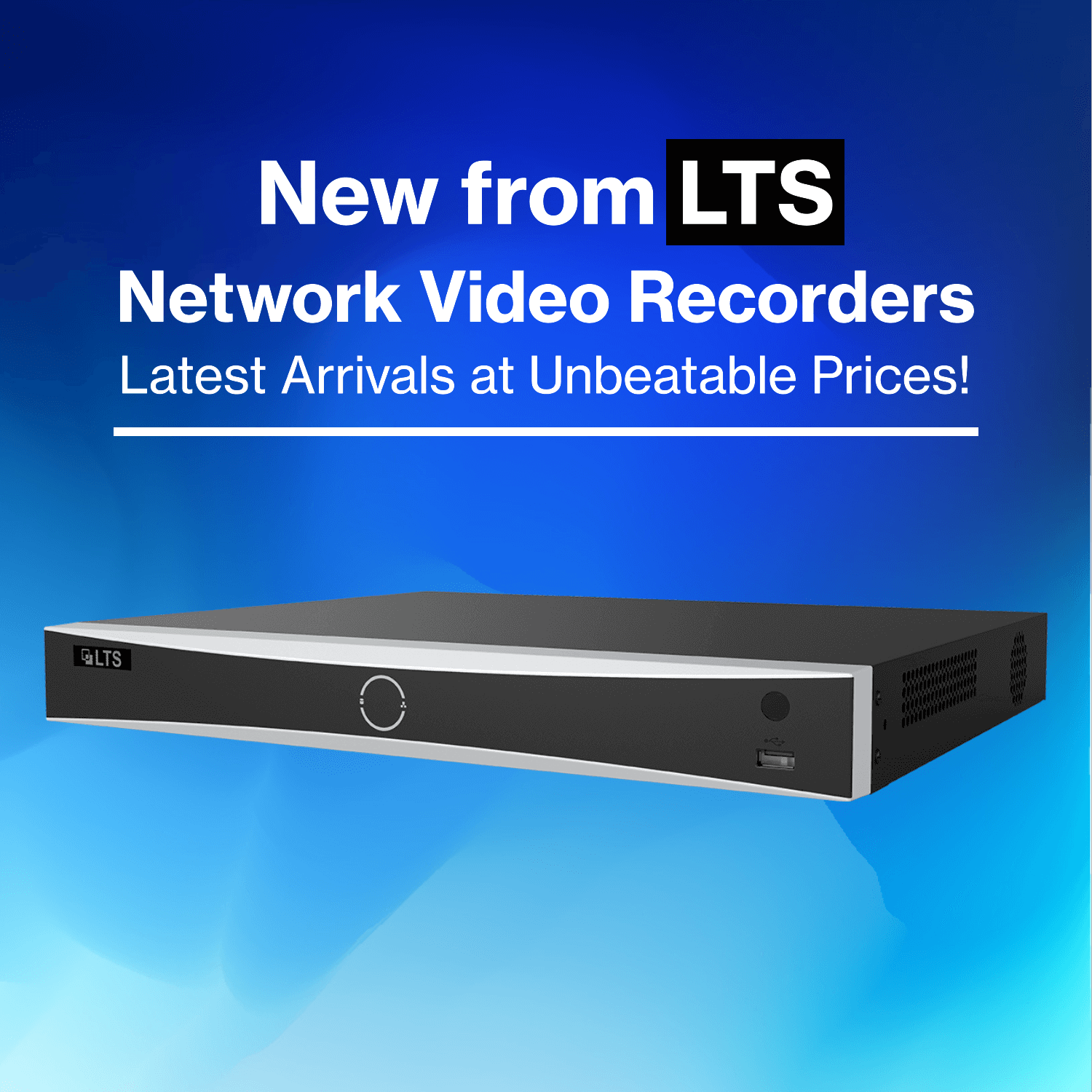 Banner for new NVRs Network Video Recorders from the brand LTS - latest arrivals at unbeatable prices with the image of an NVR blue background