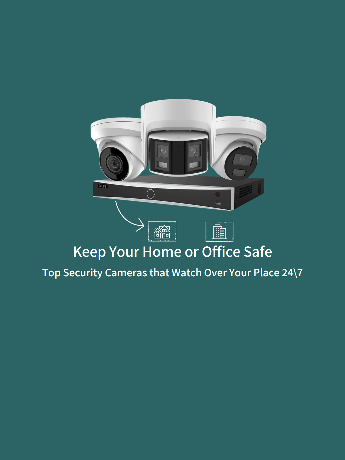 New Mobile Design of 3 Security Cameras Banner Slider Image with an NVR and text that says Keep your Home or Office Safe - Top Security Cameras That Watch Over Your Place 24/7