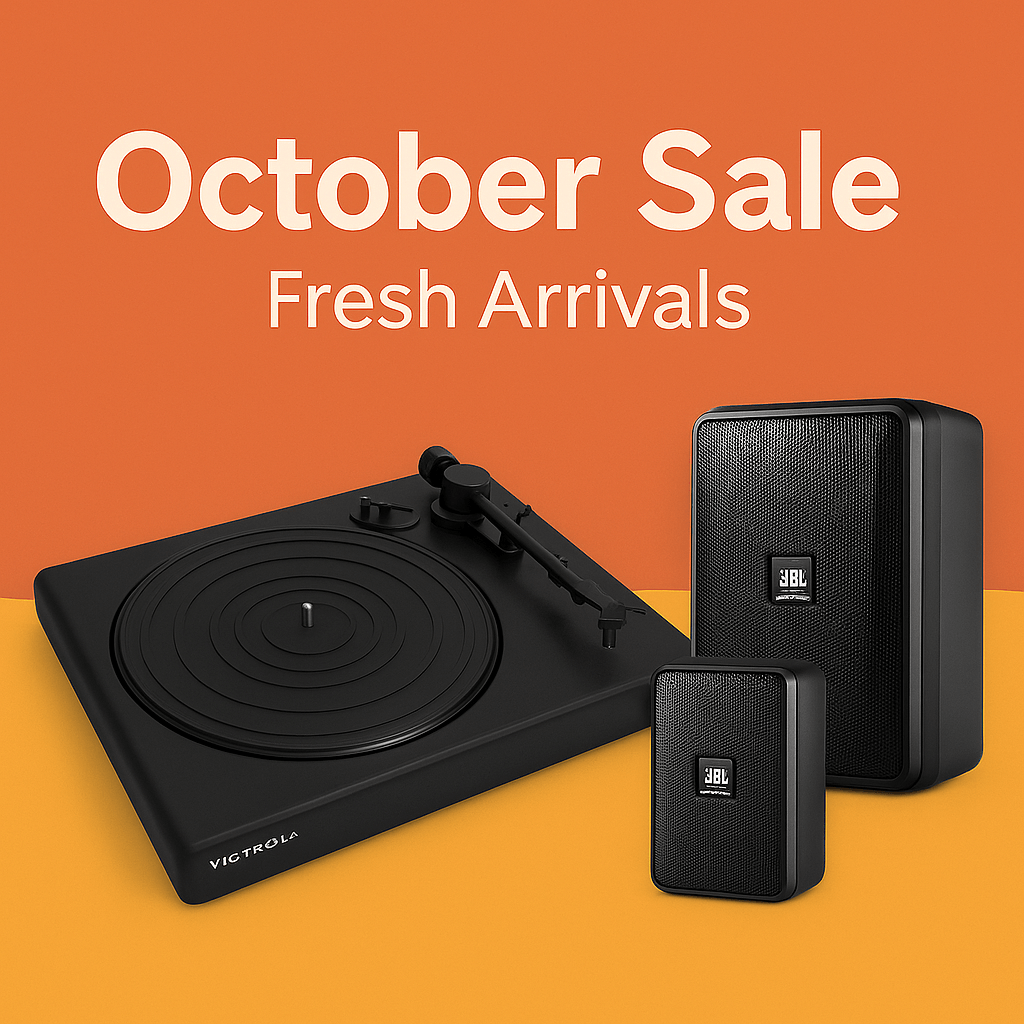 Black Victrola record player and JBL speakers on an orange background with 'October Sale Fresh Arrivals' text.