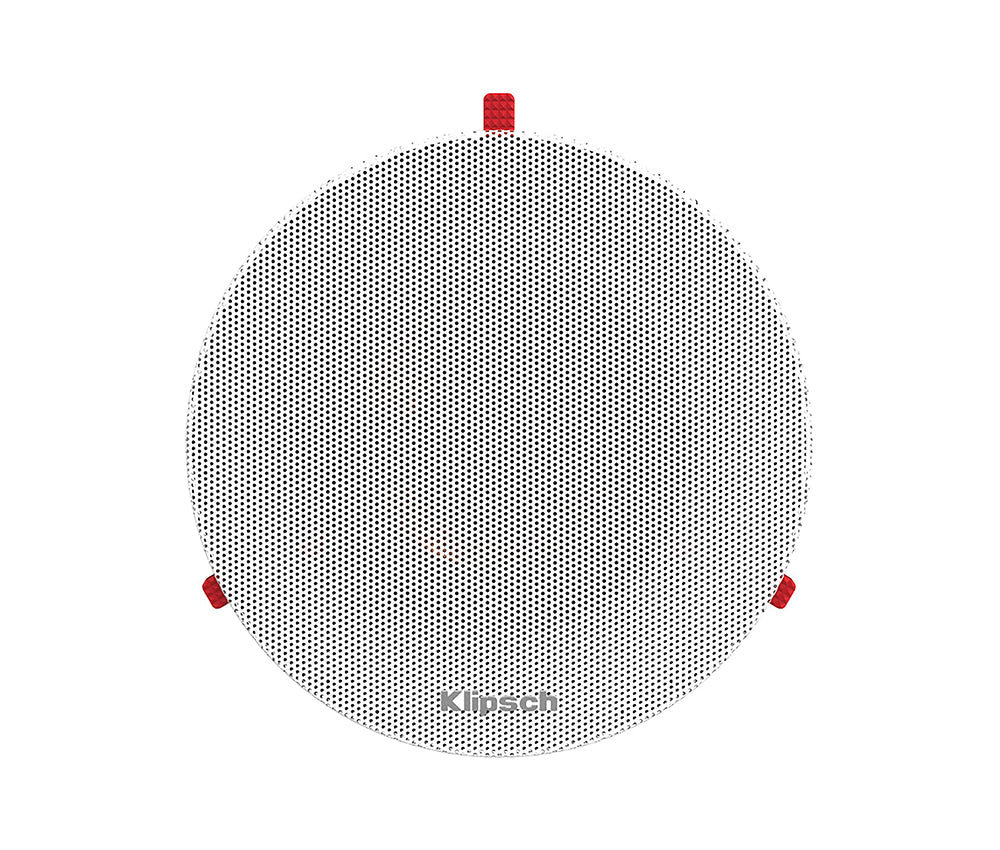 Klipsch PRO-14RC 3.5 Inch In-Ceiling Speaker Minimal Footprint Round speaker grill with red accents on a white background