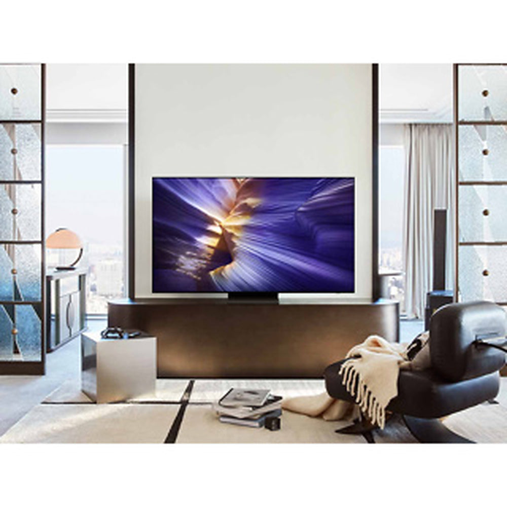 Modern living room with a large flat-screen TV on a wall