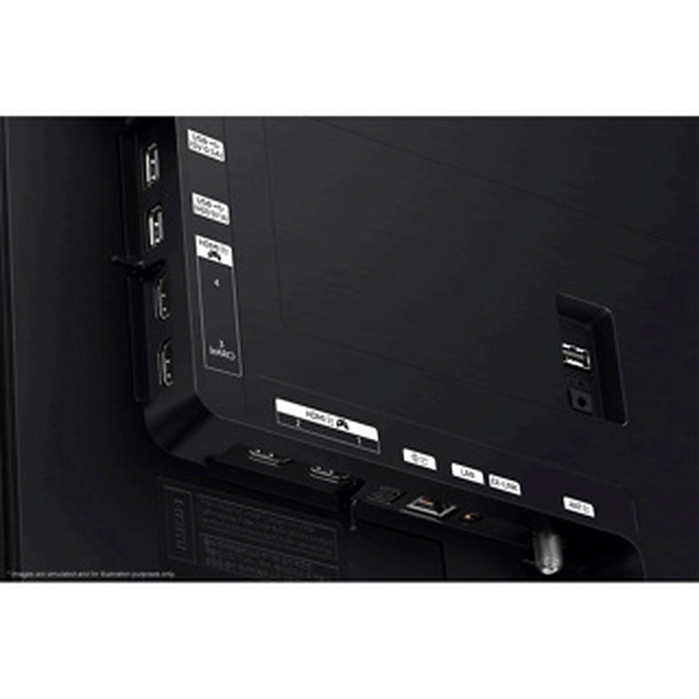 Back view of a monitor with ports and labels on a black background