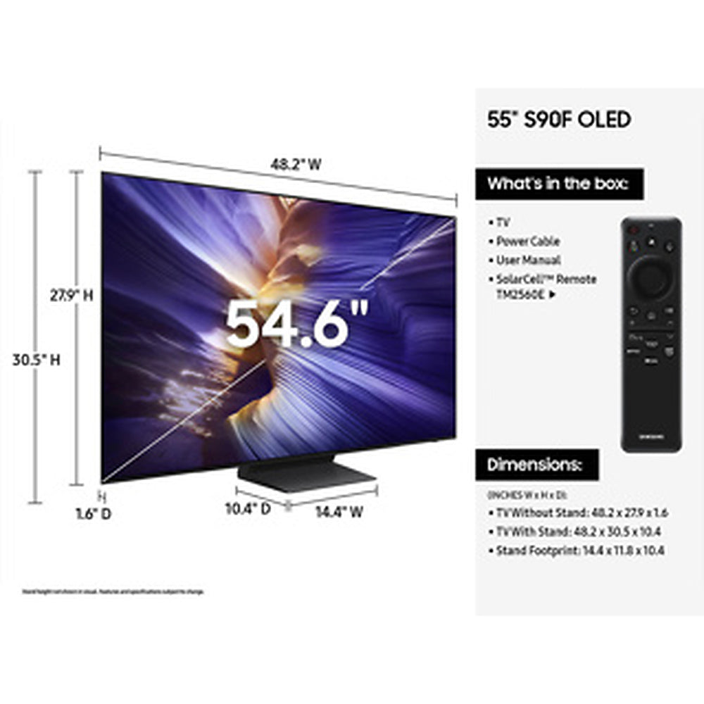A product infographic for a 55-inch S90F OLED TV, showing the TV with labeled dimensions, a remote control, and text detailing what's included and TV specs.