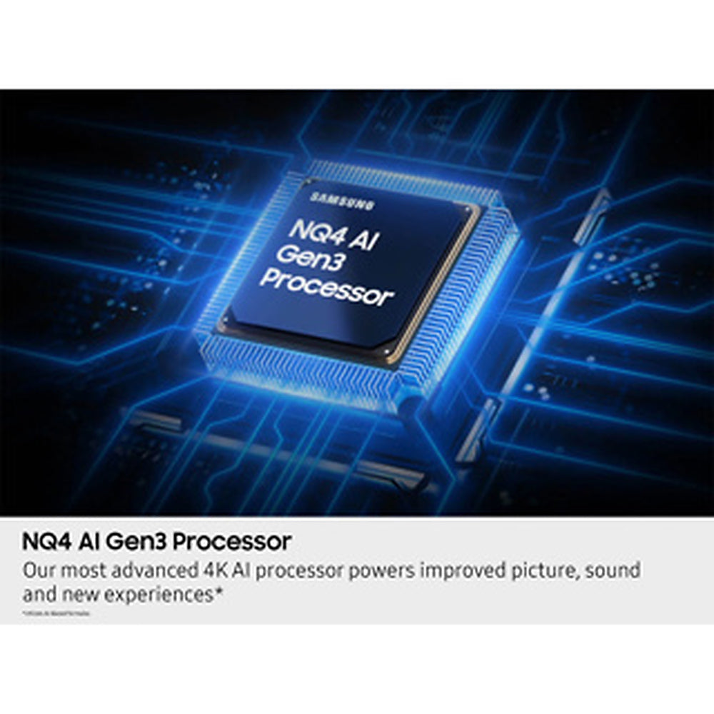 Samsung NQ4 AI Gen3 Processor on a digital background with text about advanced 4K AI processing.