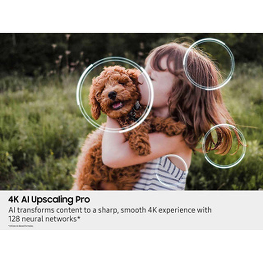 Person holding a dog with 4K AI Upscaling text overlay