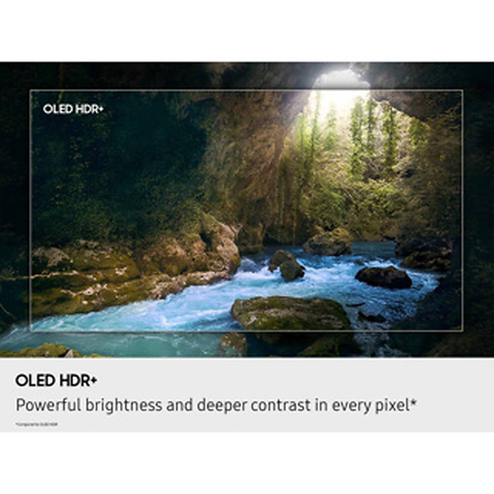 A promotional graphic for OLED HDR+ display technology, showing a scenic cave landscape with a rushing river and a bright opening above, with text reading 'OLED HDR+' and 'Powerful brightness and deeper contrast in every pixel'.