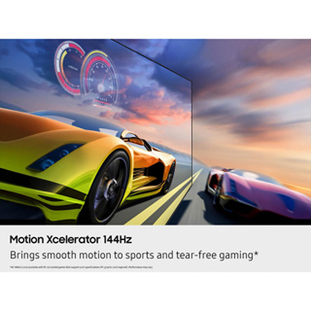 Promotional graphic for a 144Hz motion-optimized display, showing a large screen with a yellow sports car and a pink sports car racing under a dramatic sunset sky. Text at the bottom reads 'Motion Xcelerator 144Hz' and 'Brings smooth motion to sports and tear-free gaming'.