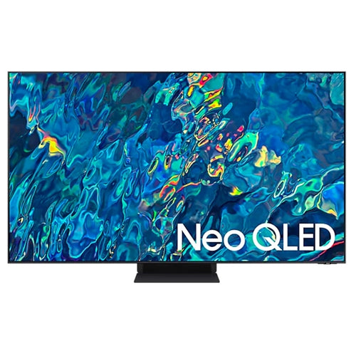 Television on a stand with the text Neo QLED on the screen