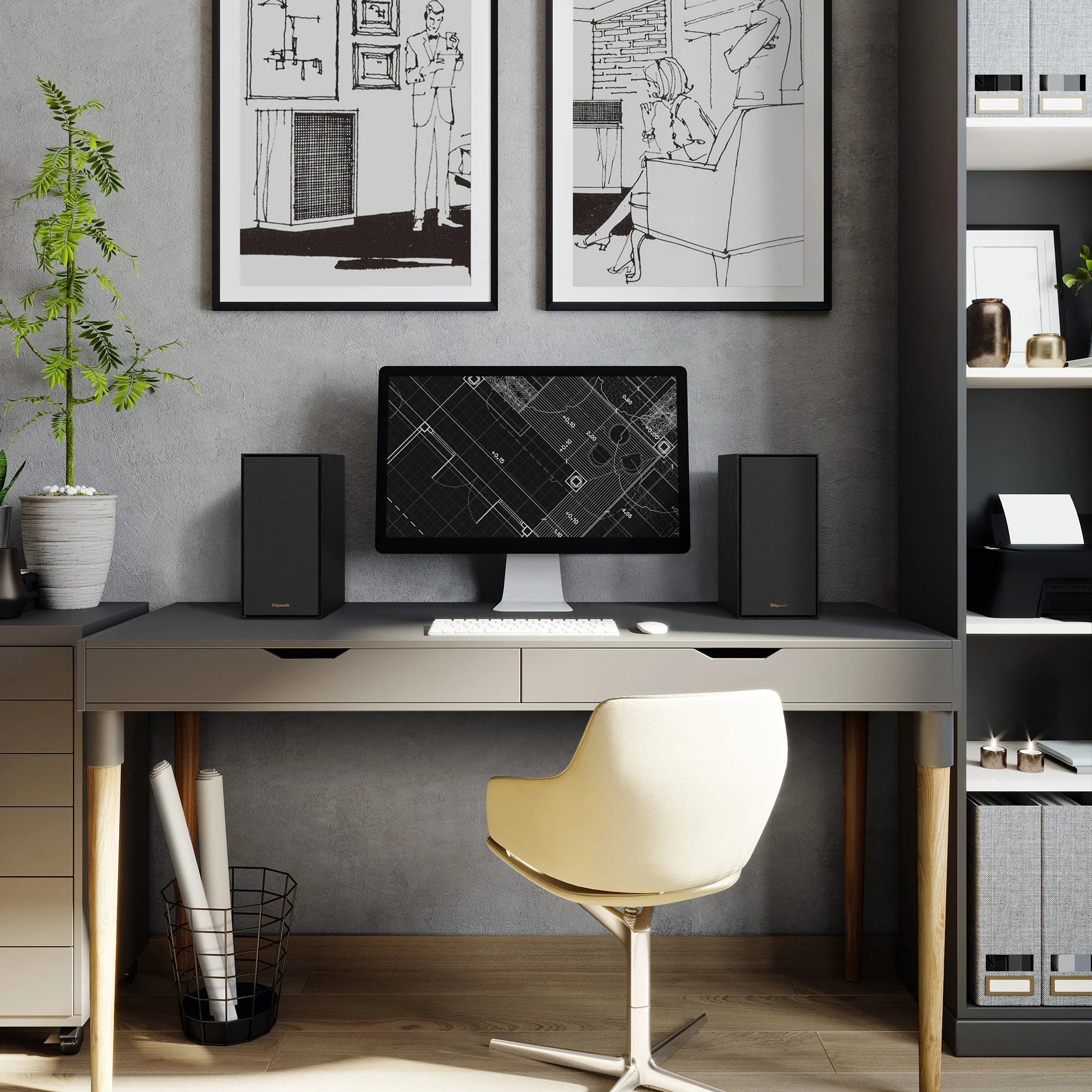 Klipsch R-40PM powered bookshelf speakers 240W Bluetooth
Modern home office with a desk, computer setup, and decorative elements.