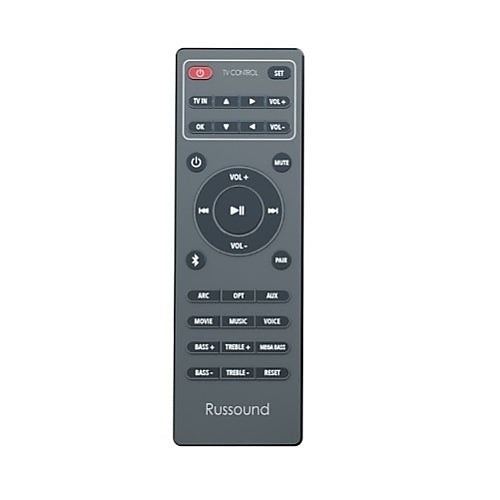 Russound AVA2.1 Mini AVR Bluetooth 2.1 Channel Class-D Amplifier
Gray remote control with multiple buttons on a white background, featuring the Russound brand.