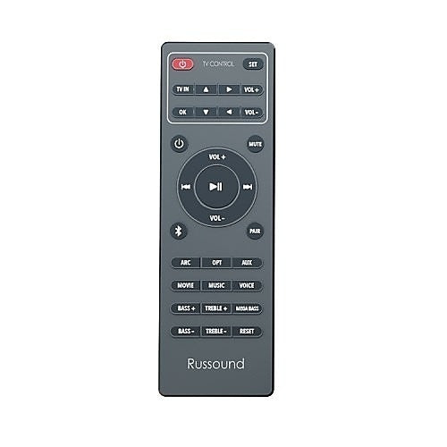 Russound AVA3.1 Mini AVR Bluetooth 3.1 Channel Class-D Amplifier
Gray remote control with various buttons on a white background, featuring the Russound logo.